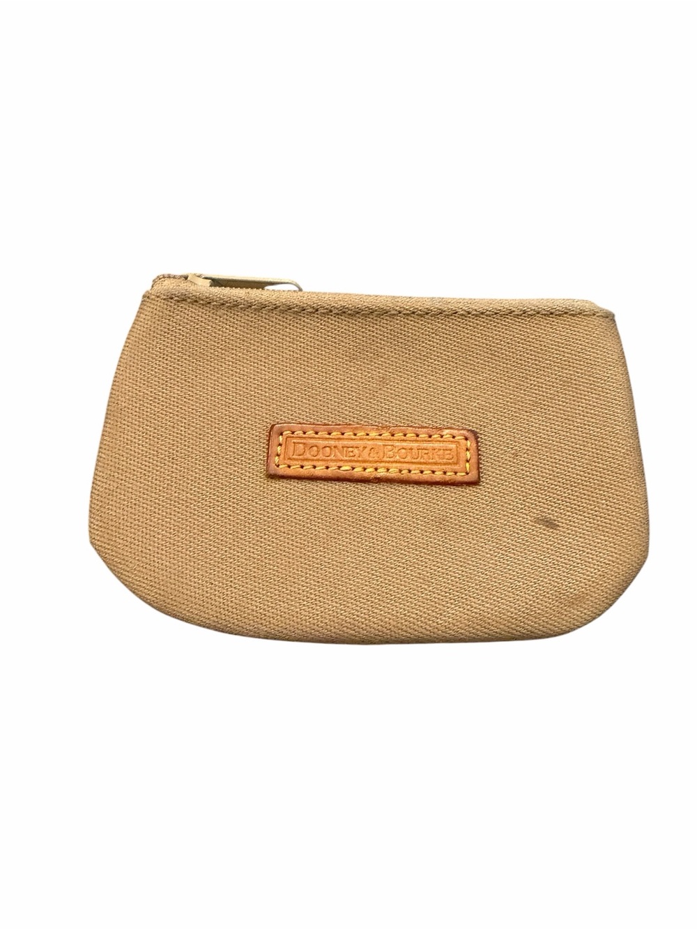 Dooney & Bourke Natural Beige Canvas Coin Purse Pouch Leather Logo Patch Zip Up